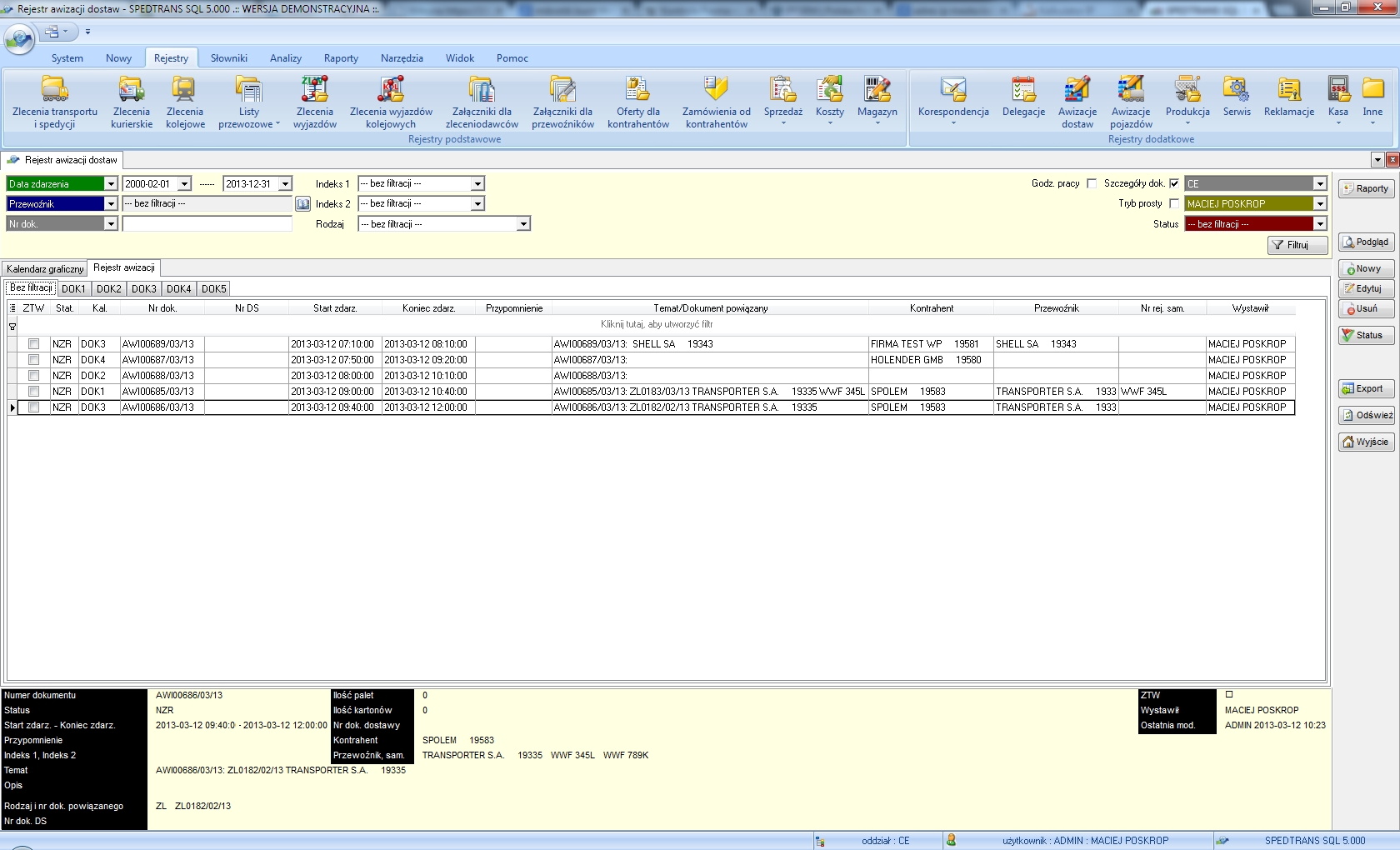 SpedTrans SQL 4.000 - Rejestr awizacji dostaw/załadunków (awizacja doków)